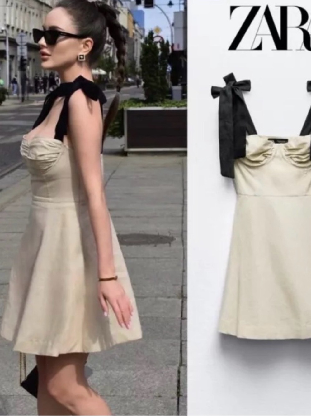 Zara Cream Mini Ruffle Dress with Black Tie-Straps